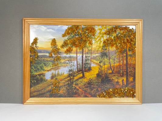 Druckbild Waldlandschaft mit Fluss und See – verziert mit Bernstein