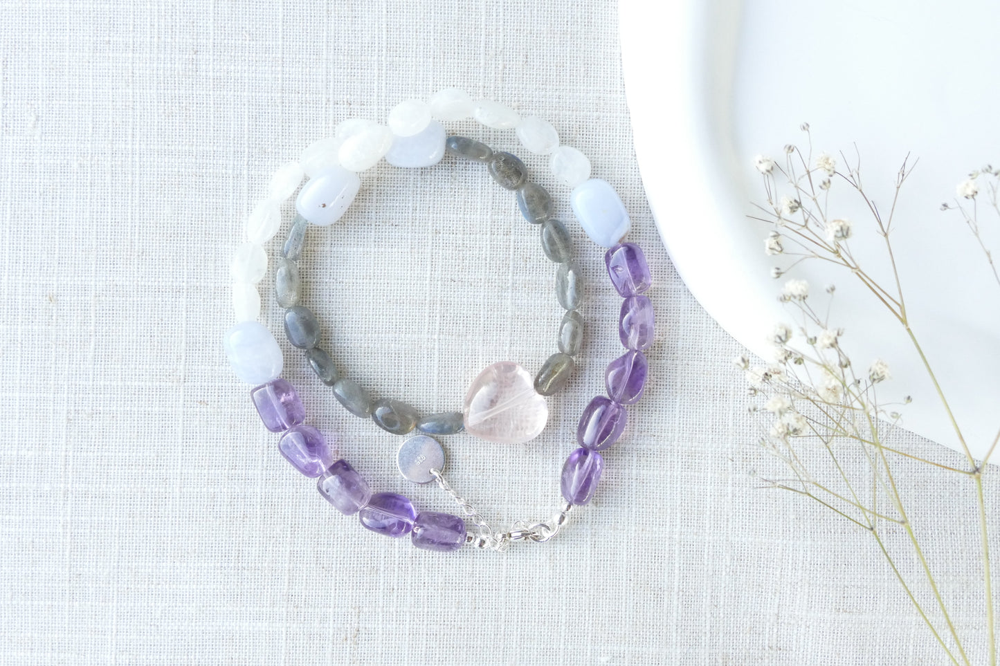 Bunte Edelstein Halskette: Labradorit, Chalcedon, Amethyst, Mondstein und Rosenquarz