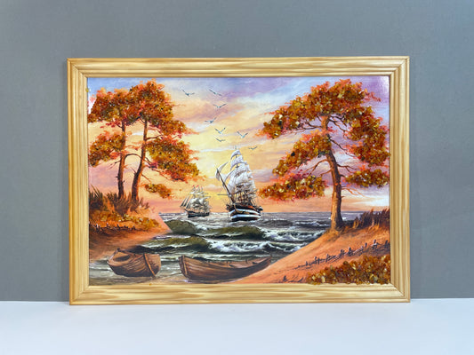 B-Ware | Maritimes Bernstein-Wandbild mit Booten, Schiffen und Küstenlandschaft