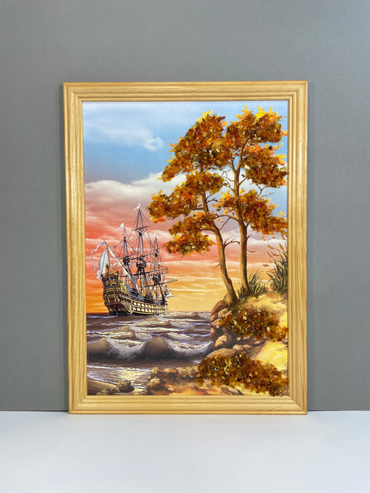 Bernsteinbild Druckbild | Schiff, Küste & Baum | Goldbraune Herbstblätter