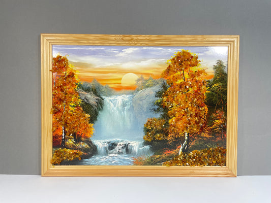 Druckbild Landschaft mit Wasserfall und Bäumen | Bernsteinverziert | Sonnenuntergang