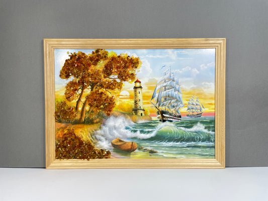 B-Ware | Bernsteinbild Druckbild | Maritimes Bild mit Leuchtturm, Schiffen, Boot & Bäumen