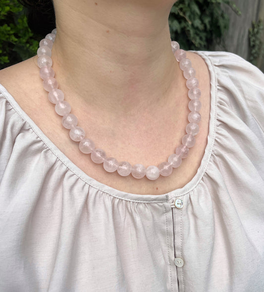 12mm Perlen große Rosenquarz-Halskette, 925er Silber-Verschluss