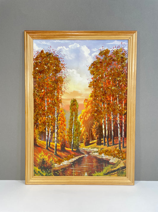 Birkenwald am Fluss | Druckbild, verziert mit Bernstein | Holzrahmen