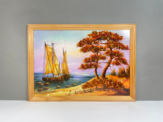 Bernsteinbild Druckbild | Schiff, Küste & Baum | Goldbraune Herbstblätter