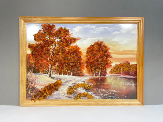 Druckbild Winterlandschaft | Teich und Bäume | Verziert mit Bernstein | Schnee