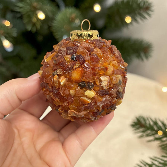 Bernstein Weihnachtskugel | Christbaumkugel mit echtem Bernstein | Handgemachter Christbaumschmuck Unikat | Weihnachtsgeschenk