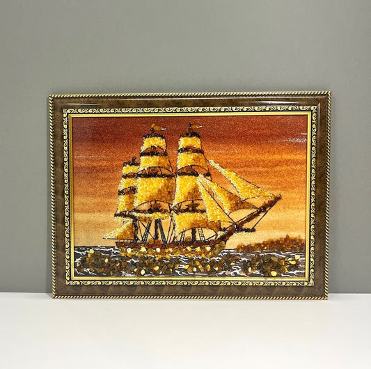 Maritimes Bernsteinbild mit Bilderrahmen aus Holz